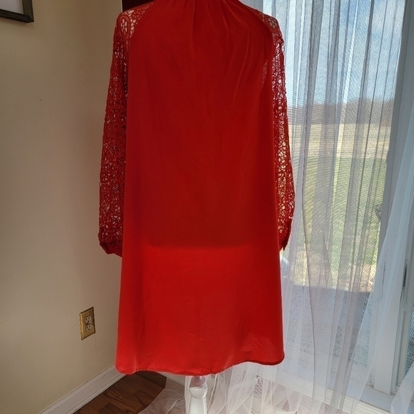 Euc Orange V-Neck Sheath Dress with Lace Long Sleeves Size Small - Picture 3 of 9